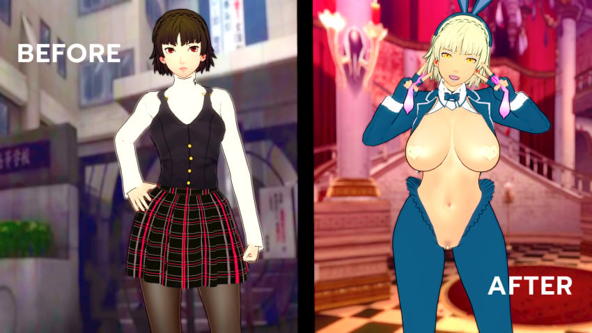 bad_end before_and_after blonde_hair bunny_ears bunny_girl bunnysuit comparison corruption curvaceous dark-skinned_female enemy_conversion gyaru koikatsu large_ass large_breasts lordem makoto_niijima netorare ntr pasties persona persona_5 reverse_bunnysuit tanned yellow_eyes