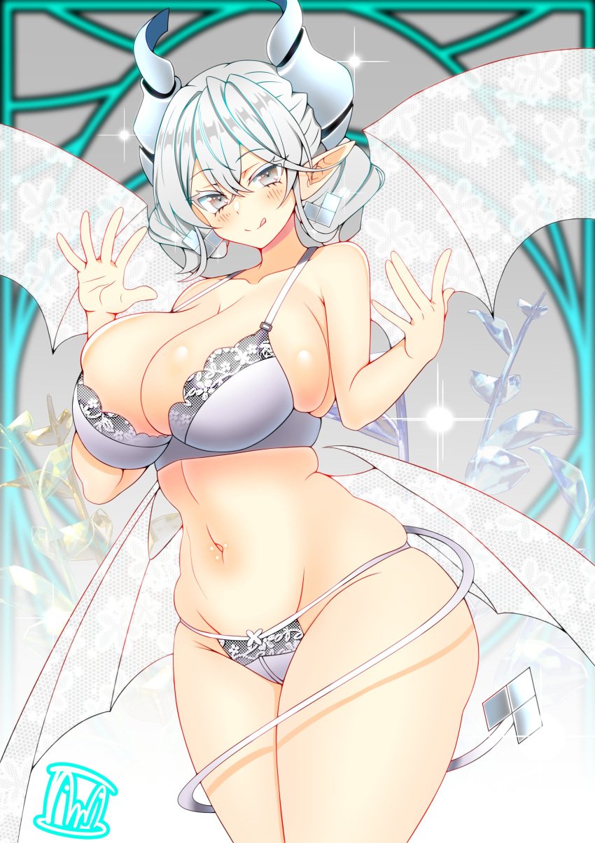 :p absurd_res blush bra demon demon_girl duel_monster earrings female horn konami labrynth_of_the_silver_castle looking_at_viewer lovely_labrynth_of_the_silver_castle navel panties silver_eyes tama_amata thighs twintails underwear white_hair wing yu-gi-oh!