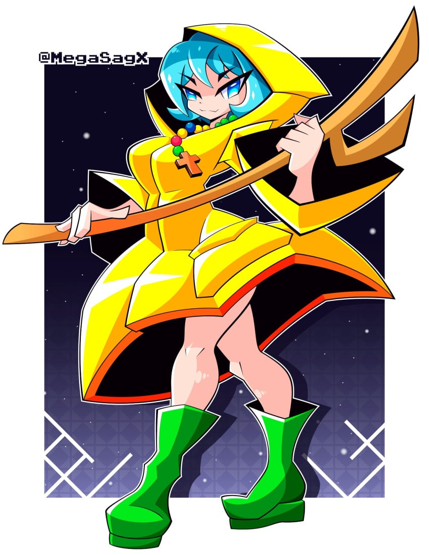 1girls 2024 bead_necklace beads blue_eyes blue_hair boots cross crucifix female female_only green_boots holy_cross holy_year_2025 looking_at_viewer luce_(vatican) megasagx pose posing rainboots raincoat smiling_at_viewer staff tagme yellow_raincoat