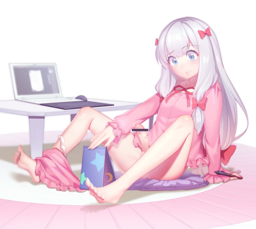 blue_eyes bow censored eromanga_sensei female fiodo futa_sans_balls futanari hairbow highres intersex izumi_sagiri long_hair mirror no_testicles pajamas panties panties_around_leg precum silver_hair solo_futa spread_legs tablet underwear