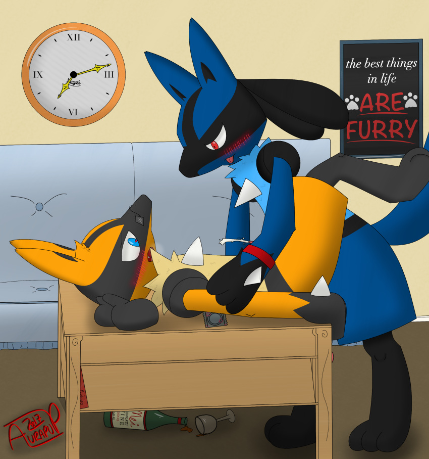 absurdres alcohol anal anal_sex anthro aurapup beverage blue_eyes blue_fur blush breath canine clock condom cum cum_while_penetrated detailed_background duo english_text fan_character fur furry hands-free highres jackal lucario male mammal nintendo orange_fur orgasm penetration penis pokemon pokemon_(species) rali red_eyes signature table text wine yaoi