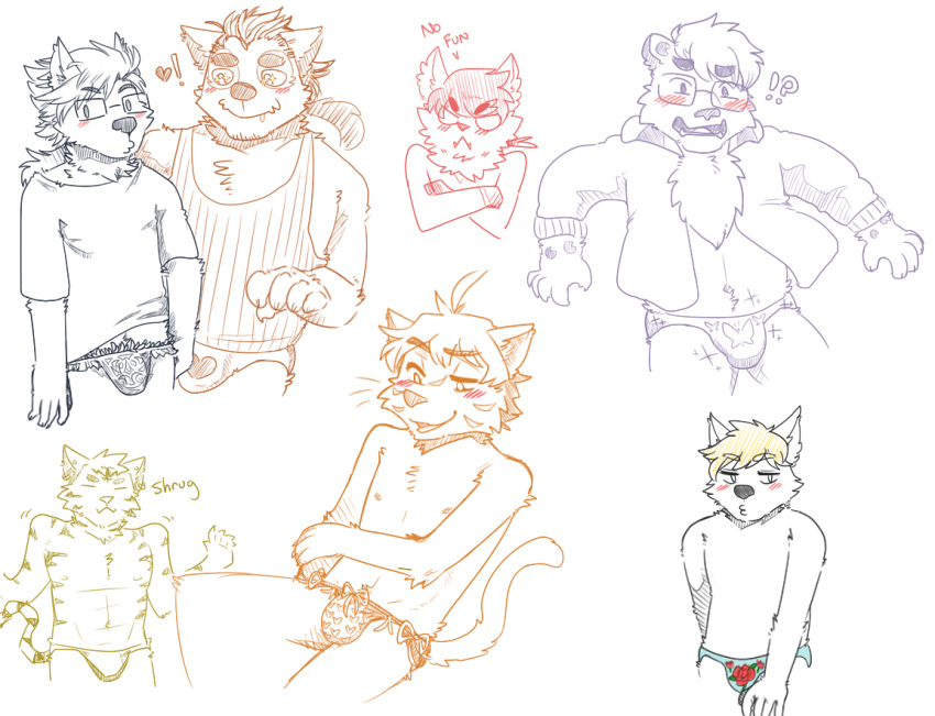 ! ?! angry anthro bear blonde_hair blush bulge canine chest_tuft clothing crossed_arms drooling eyewear feline fur glasses hair heart hotoshuken male male_only mammal panties pubes saliva simple_background standing tiger tuft underwear whiskers white_fur wolf