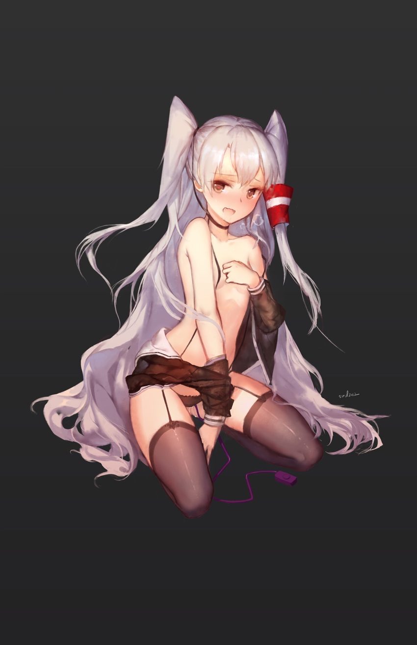 amatsukaze_(kantai_collection) artist_name between_legs black_legwear breasts breath clothes_pull collarbone covering covering_breasts cute_fang drooling female full_body garter_straps grey_background grey_hair hair_tubes hair_tubes_removed hand_between_legs headgear_removed heart heart-shaped_pupils highres kantai_collection kneeling long_hair looking_at_viewer messy_hair off_shoulder open_mouth panties pussy_juice saliva simple_background small_breasts solo swd3e2 symbol-shaped_pupils thighhighs two_side_up underwear undressing very_long_hair vibrator vibrator_under_panties