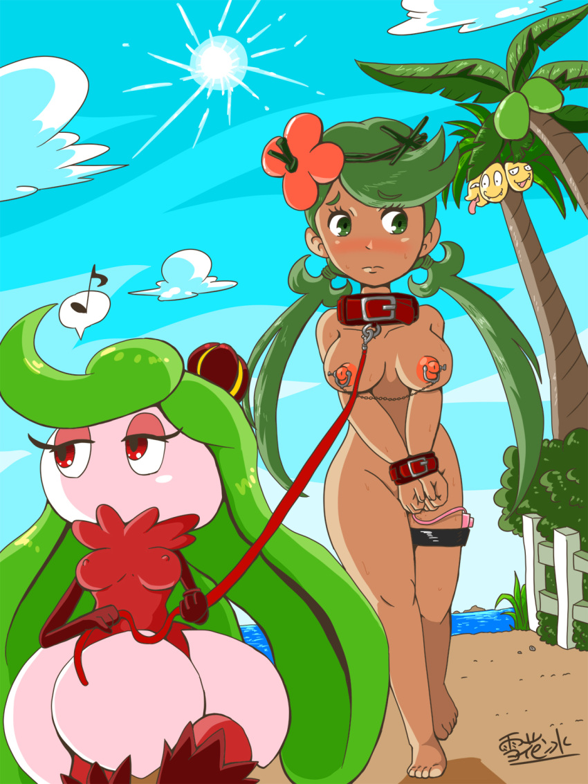 2girls accessory alolan_exeggutor barefoot beach bondage bound breasts collar dark-skinned_female dark_body dark_skin duo exeggutor female female/female female_only femdom femsub fence flower flower_in_hair green_hair hair_accessory hi_res human human_on_humanoid humanoid interspecies latex leash mallow_(pokemon) mammal multicolored_body multiple_girls nintendo nipples nude palm_tree plant pokémon_(species) pokemon pokemon_(species) pokemon_sm regional_form_(pokémon) seaside size_difference slave small_dom_big_sub source_request sun tree trial_captain tsareena video_games white_body xuehuaping yuri