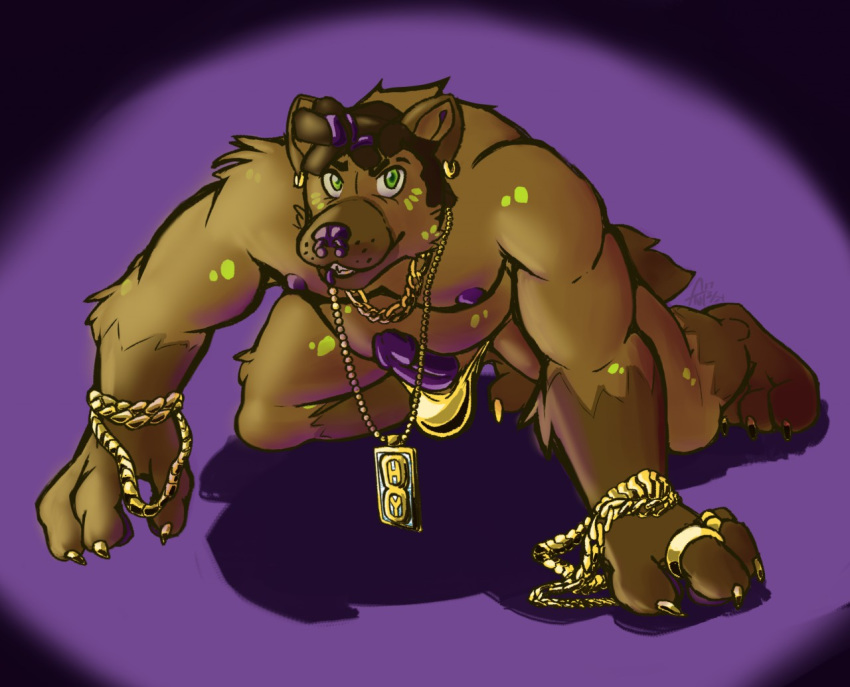 2017 all_fours anthro bling bracelet brown_fur crawling erection facial_piercing fur green_eyes humanoid_penis hyena jewelry looking_at_viewer male mammal necklace nipples nose_piercing nude penis piercing purple_background purple_nose purple_penis ring simple_background slightly_chubby solo tiut