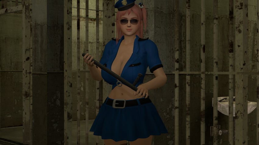 1girls 3d aviator_sunglasses bars baton big_breasts breasts brown-tinted_eyewear costume dead_or_alive female female_only honoka_(doa) jail large_breasts lipstick nightstick pink_hair police_baton police_hat police_uniform policewoman prison skirt smile solo source_filmmaker sunglasses theghettoworks tinted_eyewear
