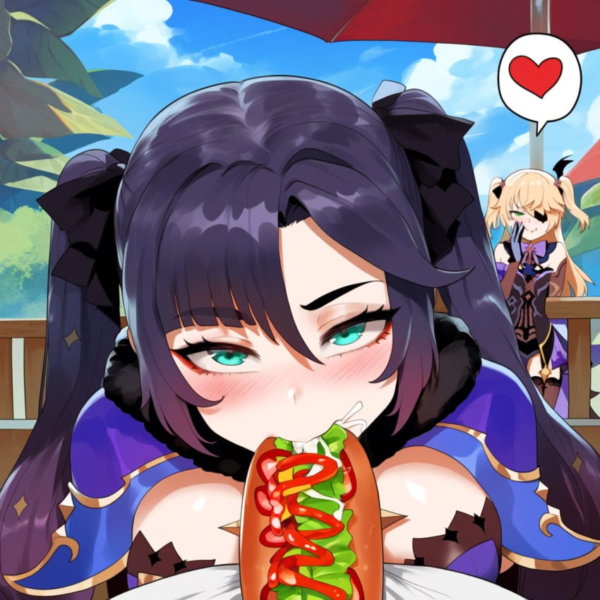 2girls ai_generated bangs black_hair blonde_hair blush cape cum depressu fellatio female fischl_(genshin_impact) food fourina fur_trim genshin_impact gloves green_eyes heart holding hot_dog long_hair mayonnaise mona_(genshin_impact) multiple_girls purple_hair sandwich sandwich_(food) sexually_suggestive sparkle spoken_heart twintails