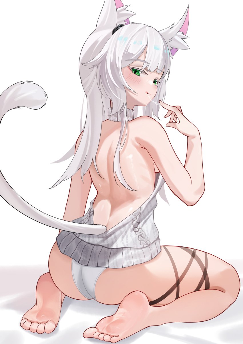:q absurdres alternate_costume animal_ear_fluff animal_ears arknights ass backless_outfit bare_back bare_shoulders barefoot blush cable_knit feet female from_behind green_eyes highres long_hair looking_at_viewer looking_back median_furrow meme_attire panties rh_huinai rosmontis_(arknights) saliva simple_background sitting soles solo sweater tail tail_raised toes tongue tongue_out turning_head turtleneck turtleneck_sweater underwear virgin_killer_sweater wariza white_background white_hair white_panties white_sweater white_tail