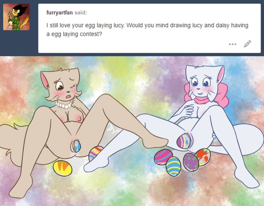 anthro areola ask_blog big_belly bittersweet_candy_bowl bow breasts daisy_(bcb) dawnvula duo egg egg_laying feline female fur jewelry lucy_(bcb) mammal necklace nipples nude pussy pussy_juice simple_background spreading teenager webcomic young