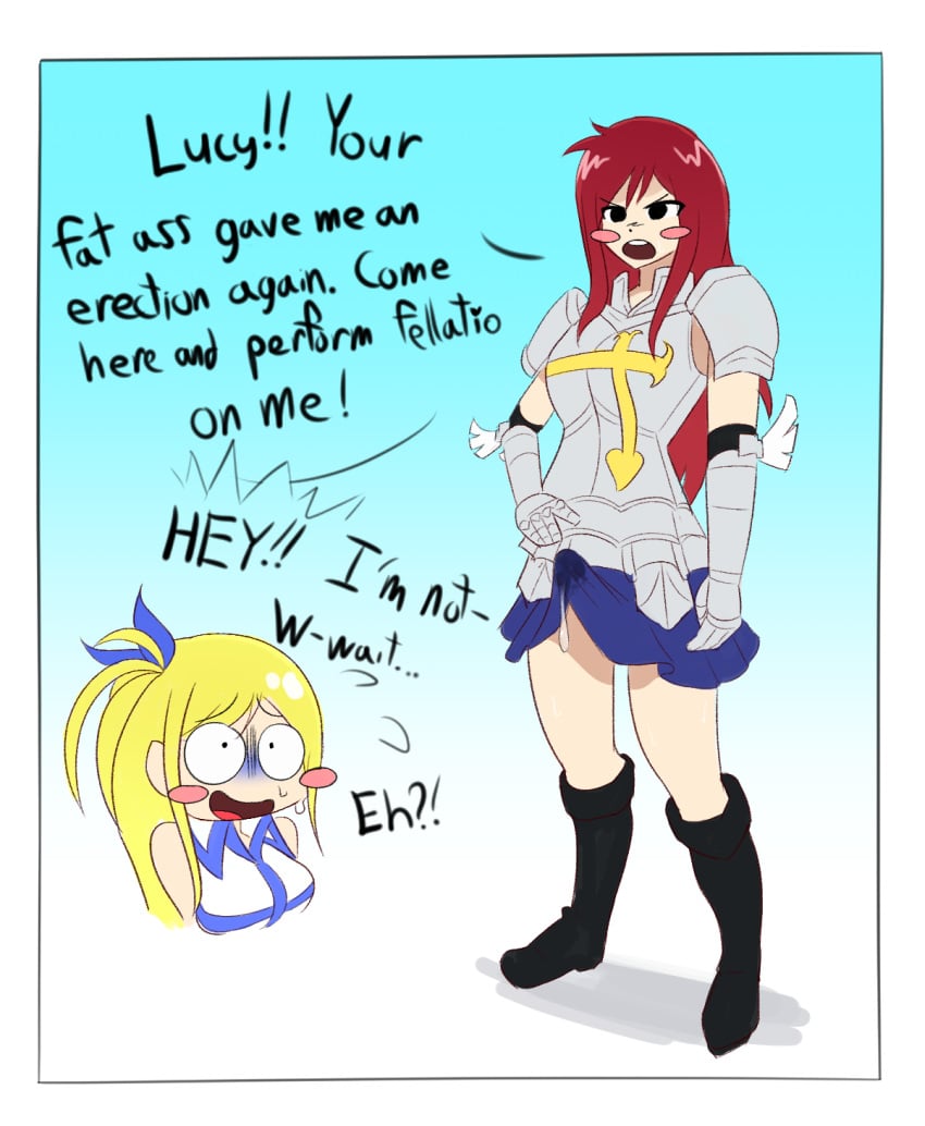 1futa 1girls breppy_(artist) clothed erection erection_under_clothes erection_under_skirt erza_scarlet fairy_tail female fully_clothed futanari human intersex light-skinned_female light-skinned_futa light-skinned_futanari light_skin lucy_heartfilia mostly_nude spiced_milk tenting