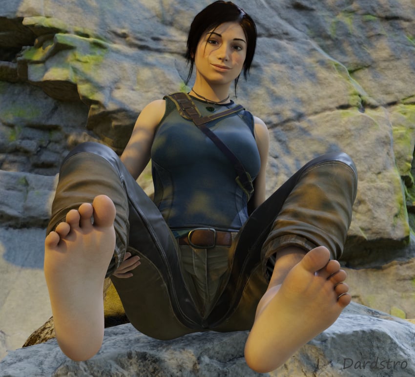 3d 3d_(artwork) barefoot boots_removed brown_hair dardstro feet feet_focus feet_up female female_only foot_fetish forest grin holding_leg lara_croft lara_croft_(survivor) looking_at_viewer pants sole_female soles tank_top toes tomb_raider tomb_raider_(survivor)