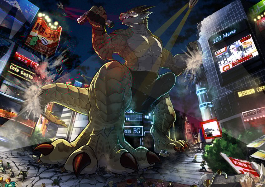 4_toes aircraft anthro balls balls_outline biceps biped boxer_briefs brown_body brutus_(pyronite) building building_destruction bulge car city city_destruction cityscape claws clothing crush crushed_vehicle destruction detailed_background detailed_bulge dragon erection extreme_size_difference feet finger_claws fingerless_gloves fingers foot_crush genital_outline genitals gloves handwear hi_res landscape_dwarfing light lighting low-angle_view macro macro_anthro macro_male male micro_human muscular muscular_anthro muscular_male mythological_creature mythological_scalie mythology night nude outside pawpads paws pecs penis penis_outline pyronite(commissioner) rampage scalie size_difference solo stomping street tail tatugon teeth toe_claws toes train underwear vehicle vehicle_destruction vein veiny_muscles