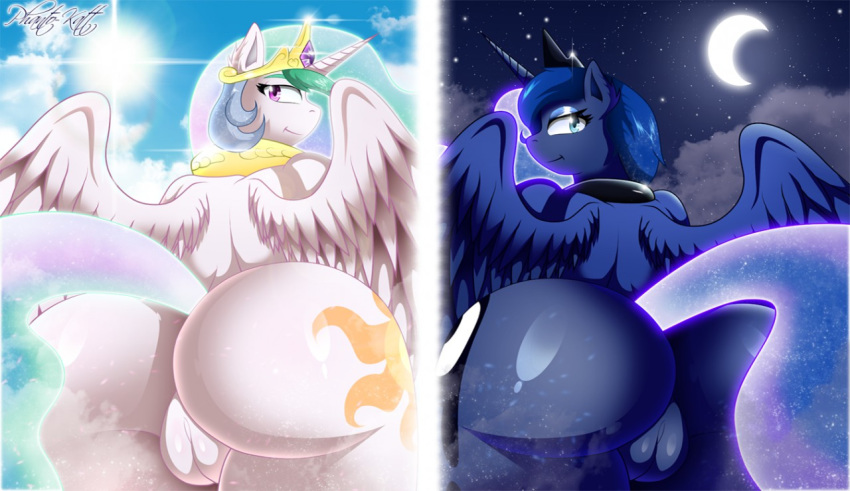 2017 alicorn anthro ass aura blue_fur crown cutie_mark day equine feathers female friendship_is_magic fur horn invalid_tag looking_at_viewer mammal moon my_little_pony night nude outside phanto-katt pinup pose princess_celestia_(mlp) princess_luna_(mlp) pussy sky smile star sun tiara white_fur wings