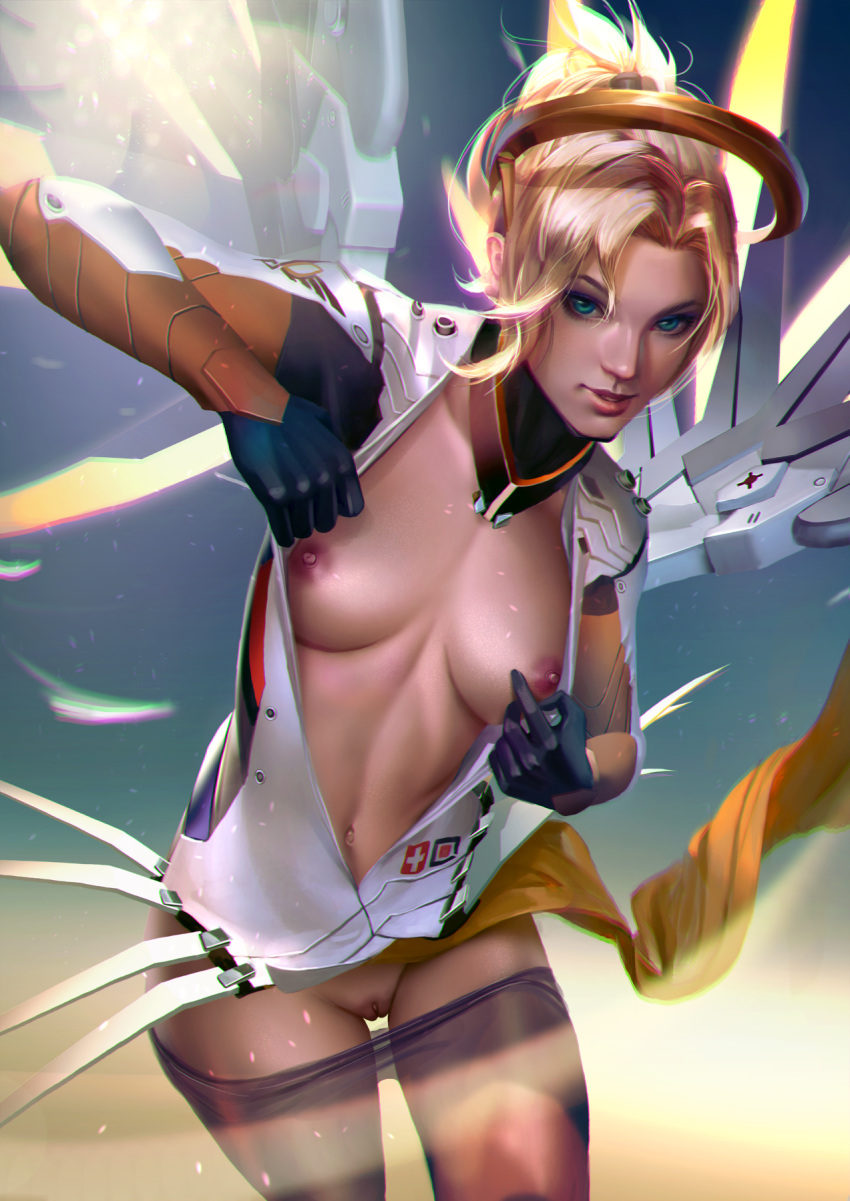 1girls blizzard_entertainment blonde_hair blue_background blue_eyes bodysuit breasts brown_legwear chromatic_aberration cowboy_shot emblem female female_only foreshortening gloves glowing glowing_wings gradient gradient_background halo high_ponytail highres holding_staff large_breasts long_hair looking_at_viewer mechanical_halo mechanical_wings medium_breasts mercy navel nipples outstretched_hand overwatch pantyhose parted_lips pelvic_curtain ponytail power_armor pussy solo sports spread_wings staff swiss_flag web_address white_wings wings yellow_background yellow_wings zumi