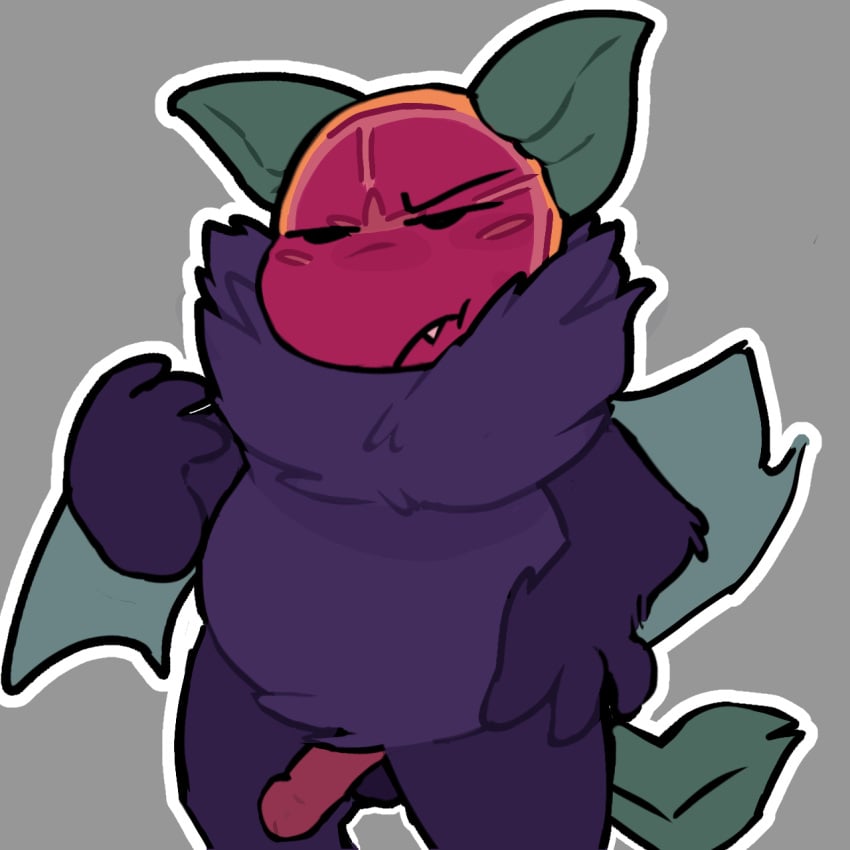 1:1 animate_inanimate anthro balls bat bestial_object bored citrus_(objectified) claws fangs genitals grey_background hi_res leaf leaf_ears leaf_tail male mammal megabat neck_tuft object_shows objectified_(webcomic) pawsomela penis purple_body simple_background solo tail teeth tuft winged_arms wings