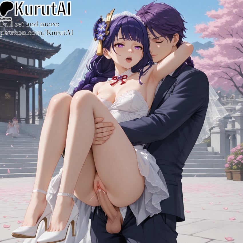1boy 1girls 2girls ai_generated armpits artist_name artist_signature balls bare_legs braid braided_ponytail breasts bridal_veil carrying closed_eyes clothed_sex cum cum_in_pussy dress female genshin_impact hair_ornament hi_res high_heels high_resolution highres kurutai legs long_hair male multiple_girls open_mouth outdoors pants patreon penis princess_carry purple_eyes purple_hair pussy raiden_shogun sex straight testicles thighs uncensored vaginal_penetration veil wedding wedding_dress wedding_veil white_footwear