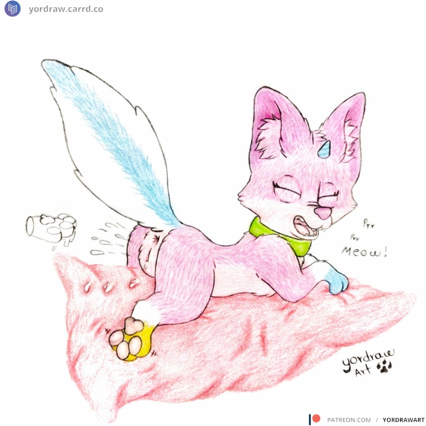 1:1 3_toes anus bodily_fluids closed_eyes feet female feral fur genital_fluids genitals hi_res open_mouth open_smile patreon patreon_logo patreon_username pawpads paws pillow pink_body pink_fur pink_pawpads pink_pillow pink_pussy pussy smile solo spread_toes text toes traditional_media_(artwork) url vaginal_fluids vaginal_penetration yordraw