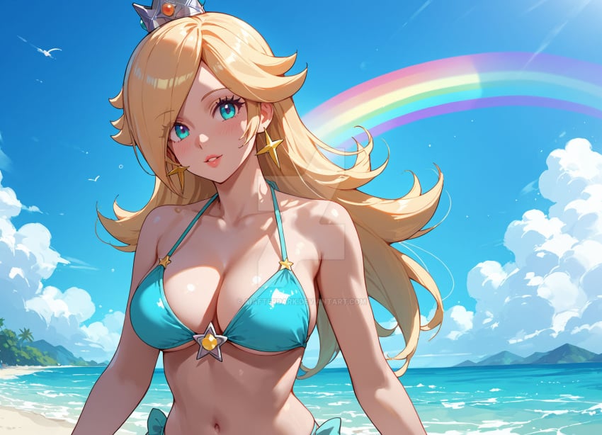 2025 ai_generated aiafterdark beach bimbo birds blonde_female blonde_hair_female blue_sky cloud clouds cloudy_sky deviantart light_blue_bikini light_blue_eyes looking_at_viewer meta nintendo one_eye_visible orange_cheeks orange_lipstick princess_rosalina rainbow rainbow_background silver_crown smile_at_viewer star_bikini star_earrings super_mario_bros.