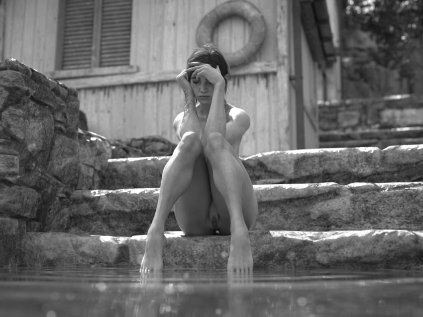 1girls 3d athletic athletic_female barefoot brown_hair busty curvy ellie_(the_last_of_us) ellie_williams feet female female_focus female_only hourglass_figure jinxie_lizzy legs medium_breasts monochrome naughty_dog nude nude_female nudity outdoors outside pinup_pose pose posing sitting stairs tagme tattoo the_last_of_us the_last_of_us_2 thighs toes toned toned_female water wide_hips