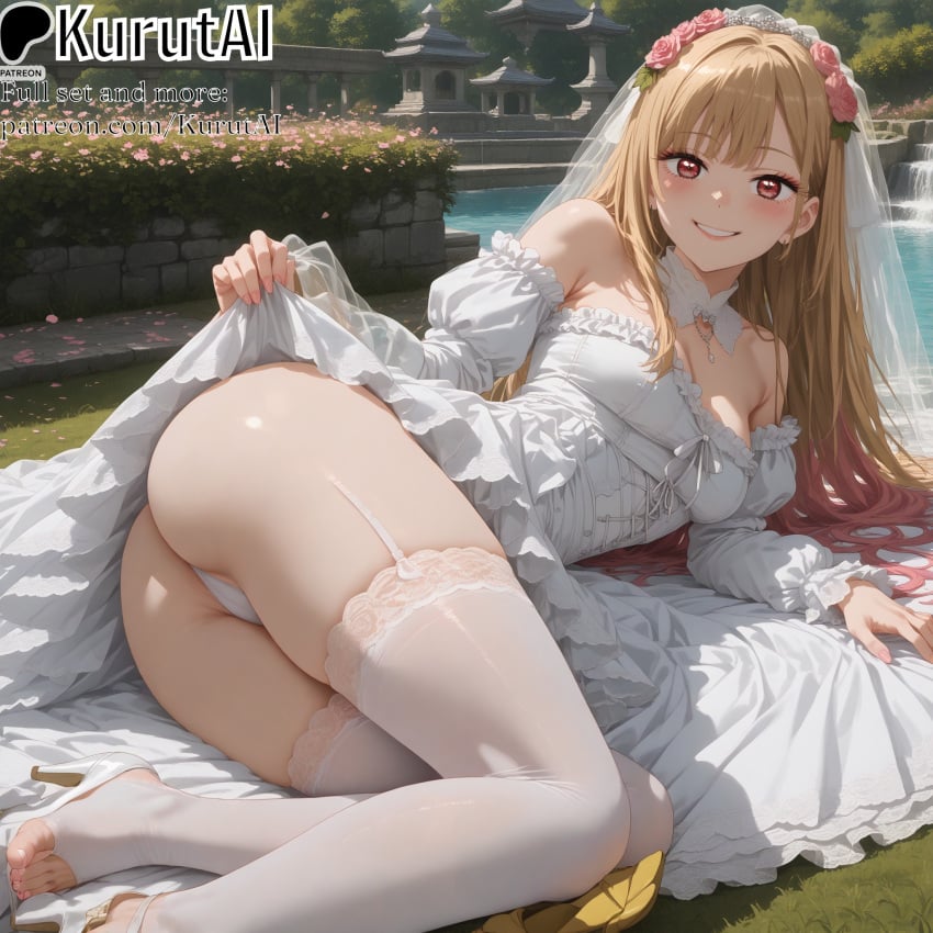 1girls ai_generated artist_name artist_signature ass bare_shoulders blonde_hair blush breasts bridal_veil clothes_lift dress earrings feet female foot_out_of_frame frills garter_straps hair_flower hair_ornament hi_res high_heels high_resolution highres jewelry kitagawa_marin kurutai legs long_hair looking_at_viewer lying medium_breasts multicolored_hair on_side outdoors panties patreon red_eyes smile solo sono_bisque_doll_wa_koi_wo_suru thighhighs thighs toes uncensored underwear veil wedding wedding_dress wedding_veil white_panties white_thighhighs