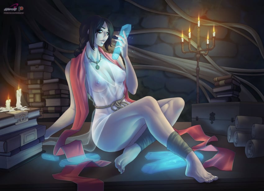 1girls 2024 bdaemond black_hair blue_eyes breasts crystal elden_ring feet female female_only fromsoftware magic partially_clothed sorceress sorceress_sellen teacher translucent_clothing