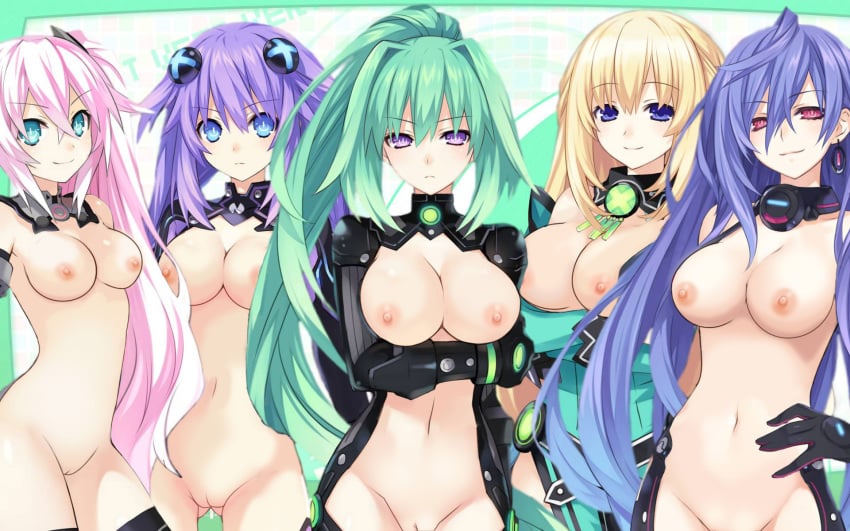 5girls alternate_hair_color aqua_eyes black_heart blue_eyes blue_hair breasts dual_persona green_hair green_heart hand_on_hip heart iris_heart large_breasts long_hair multiple_girls neptune_(neptunia) neptunia_(series) noire nude pink_hair plutia ponytail purple_eyes purple_hair purple_heart_(neptunia) red_eyes twin_braids twintails uncensored vert very_long_hair