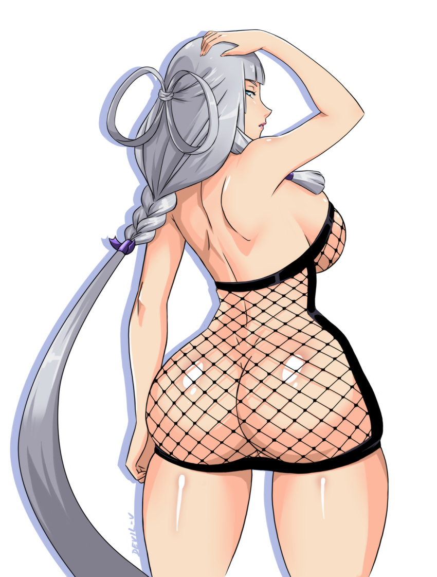 arshtat_falenas ass back bare_shoulders blue_eyes braid breasts clothing dat_ass devil-v dress female fishnets hand_on_own_head huge_ass large_breasts lipstick looking_at_viewer makeup shiny shiny_hair shiny_skin sideboob silver_hair solo suikoden suikoden_v very_long_hair