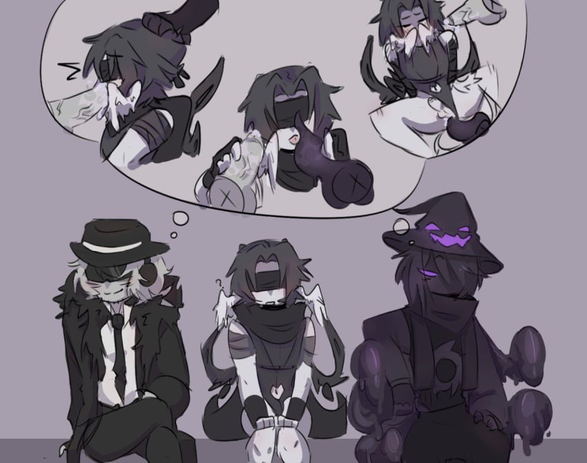 3boys ? azure_(forsaken) bandaged_arms black_clothing black_hair black_skin blindfold blowjob bodysuit chance_(forsaken) closed_eyes confused covering_face crossing_legs cum_in_mouth cum_on_penis disembodied_penis embarrassed fedora fingerless_gloves forsaken_(roblox) fur_coat gay grey_background grey_hair hair_over_one_eye hand_on_head handjob hands_on_knees headphones imagining male oblivious penis purple_eyes roblox roblox_game robloxian scarf shades sitting suit tagme_(artist) tentacle tentacle_penetration tentacle_penis tentacle_sex thinking_about_sex thought_bubble threesome tie two_time_(forsaken) unaware white_skin wings witch_hat