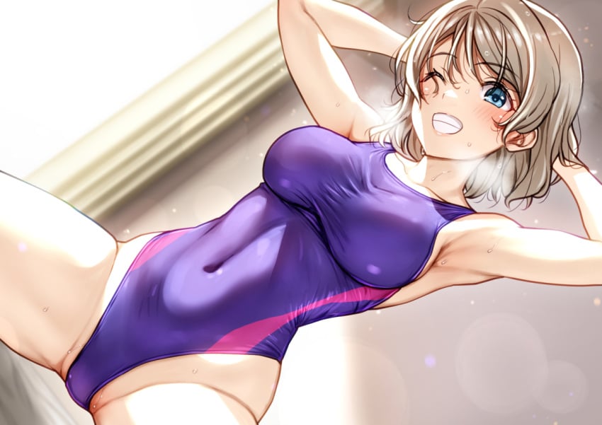 armpits arms_up blue_eyes blue_one-piece_swimsuit blush breasts competition_swimsuit covered_navel female grey_hair grin groin highleg highleg_one-piece_swimsuit looking_at_viewer love_live! love_live!_sunshine!! medium_breasts one-piece_swimsuit one_eye_closed rokko short_hair smile solo sweat swimsuit teeth watanabe_you
