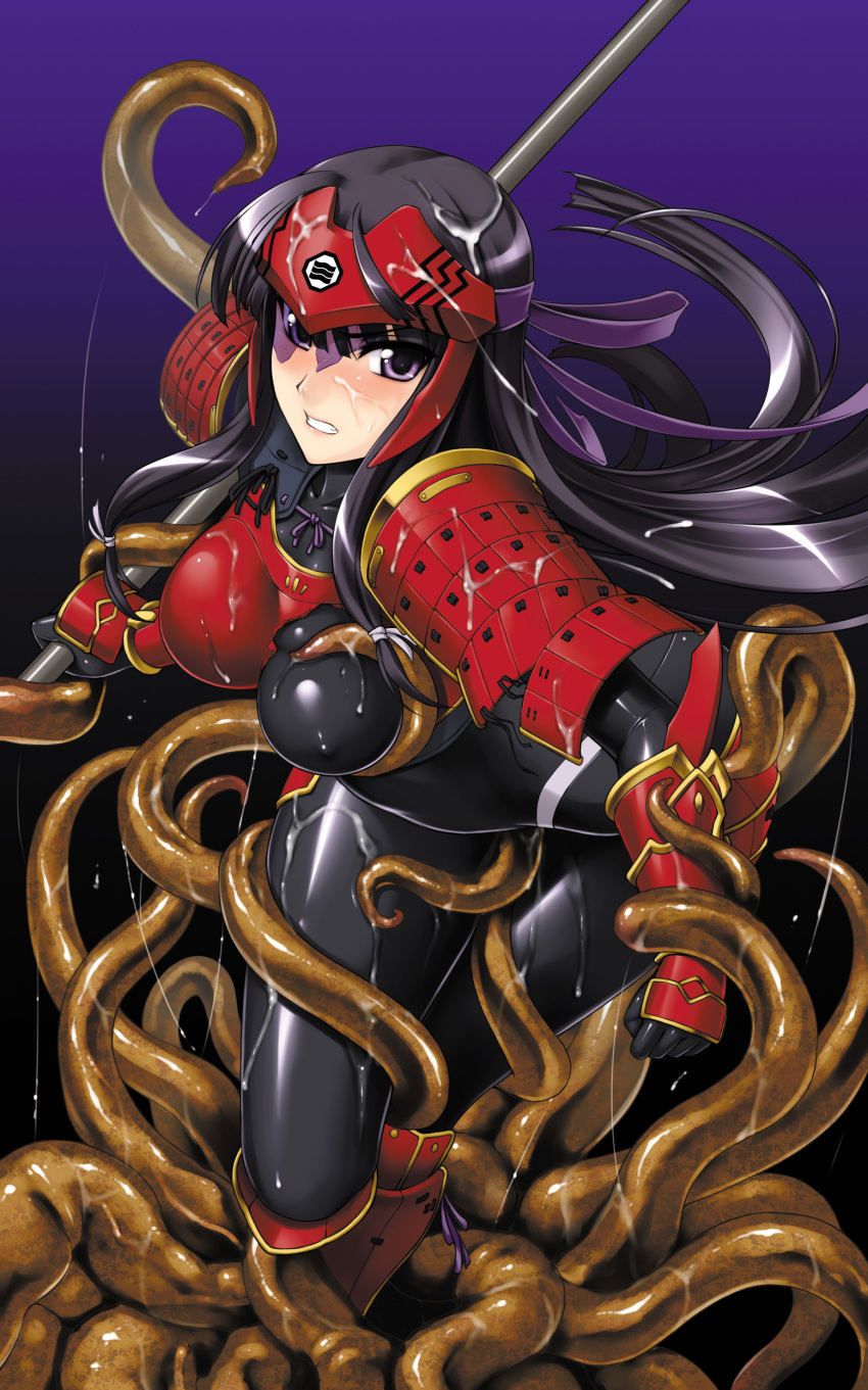 armor black_hair breasts elbow_gloves female gloves highres large_breasts latex_ass latex_bodysuit latex_breasts latex_clothing latex_elbow_gloves latex_gloves latex_long_gloves latex_nipples latex_skin latex_skinsuit latex_stockings latex_suit latex_thighhighs latex_vagina legwear long_gloves purple_eyes rindou_(radical_dream) skin_tight tentacle