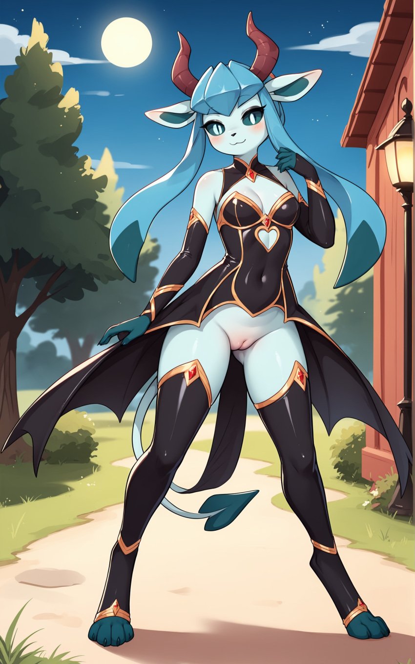 1girls 2025 ai_generated anthro blue_eyes blue_fur blue_sclera blushing digitigrade dress eeveelution female female_only generation_4_pokemon glaceon hi_res innie_pussy moon night nintendo no_panties outdoors pokemon pokemon_(species) pussy slit_pupils smile succubus succubus_horns thighhighs