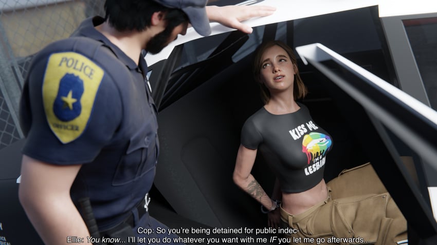 1boy 1girls 3d 3d_(artwork) 3d_render arrest arrested athletic athletic_female backseat breasts bribery_with_sex brown_hair car comic comic_page comic_panel cop cop_car crop_top cse_nsfw ellie_(the_last_of_us) ellie_williams english english_text female fit fit_female handcuffed handcuffs male medium_breasts orientation_play pants police police_officer police_uniform prostitution sexual_bribery sexual_favor sfw sitting slutty subtitled subtitles t-shirt tattoo text the_last_of_us the_last_of_us_2 toned toned_female vehicle vehicle_interior