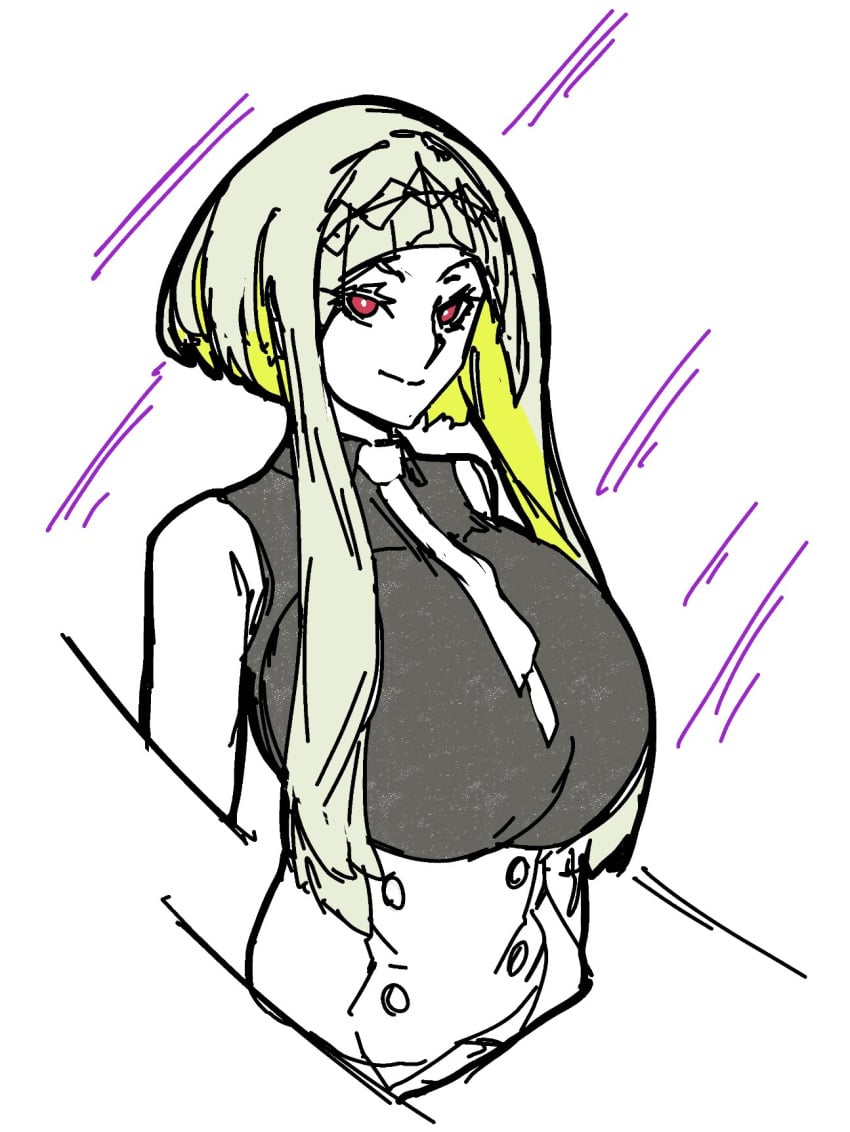 1girls breasts busty female female_only green_hair huge_breasts large_breasts massgrave monochrome red_eyes ringo_(soul_hackers) short_hair_with_long_locks sleeveless solo soul_hackers soul_hackers_2 tie