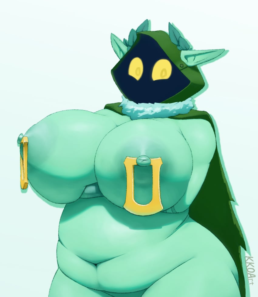 2021 areola arm_under_breasts ass belly big_areola big_belly big_breasts big_butt breast_squish breasts cape clothed clothing curvy_figure elf female glowing glowing_eyes green_body green_skin happy hi_res hood huge_areola huge_breasts humanoid humanoid_pointy_ears kkoart leaf neck_tuft nipple_piercing nipples not_furry overweight overweight_female overweight_humanoid piercing pointy_ears simple_background solo squish thick_thighs tuft voluptuous wide_hips