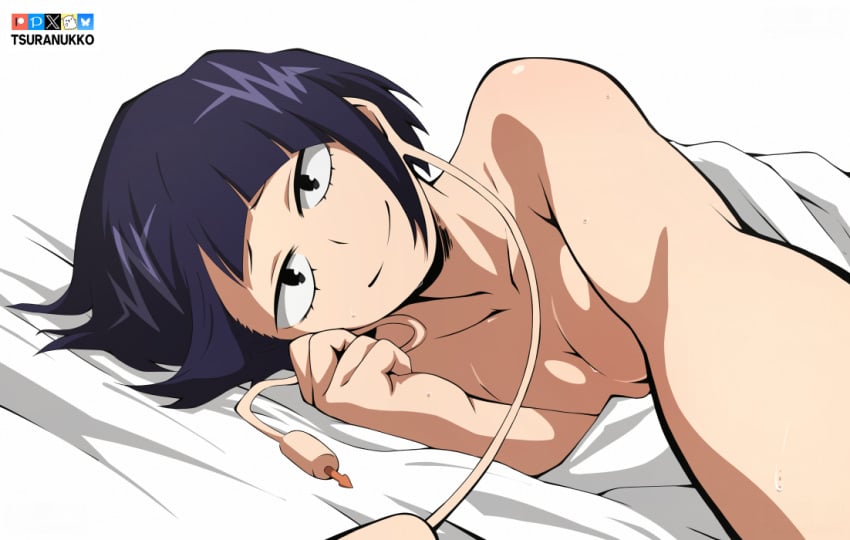 1girls black_eyes breasts female female_focus female_only kyoka_jiro looking_at_viewer my_hero_academia navel on_bed purple_hair short_hair small_breasts smile solo solo_female solo_focus sweat topless tsuranukko
