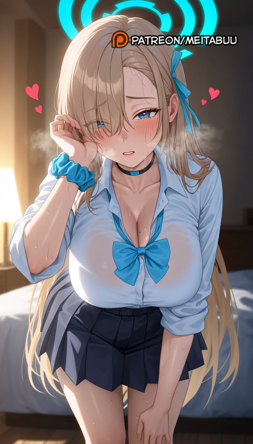 ai_generated aqua_bowtie asuna_(blue_archive) asymmetrical_bangs bed black_choker black_skirt blonde_hair blue_archive blue_bow blue_bowtie blue_eyes blue_halo blue_ribbon blue_scrunchie blush bow bowtie breasts breath choker cleavage collarbone collared_shirt dress_shirt eyes_visible_through_hair female fingernails hair_over_one_eye hair_ribbon halo hand_on_own_thigh hand_up heart heart-shaped_pupils heavy_breathing indoors lamp large_breasts leaning_forward light_brown_hair long_bangs long_hair long_sleeves looking_at_viewer loose_bowtie meitabuu mole mole_on_breast open_collar parted_lips pleated_skirt ribbon school_uniform scrunchie see-through shirt skirt sleeves_rolled_up solo sweat thighs very_long_hair wet wet_clothes wet_shirt white_shirt wrist_scrunchie