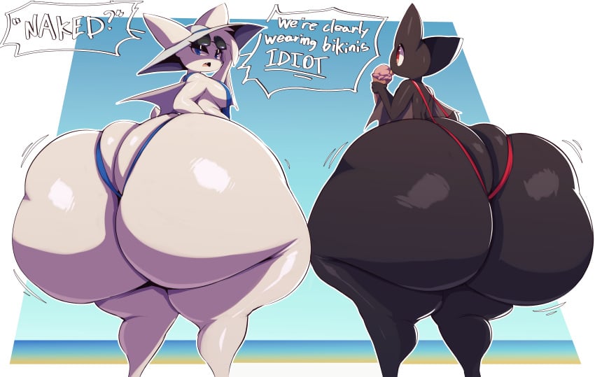 absurd_res anthro ass bat batt_the_bat big_breasts big_butt black_body blue_eyes breasts clothing dessert duo eyewear eyewear_on_head female food half-closed_eyes hat headgear headwear hi_res huge_butt huge_hips huge_thighs hyper hyper_butt ice_cream looking_at_viewer mammal murcii_(ekkokenight) narrowed_eyes one-piece_swimsuit open_mouth red_eyes sling_bikini sun_hat sunglasses sunglasses_on_head swimwear thick_thighs trinity-fate62 white_body wide_hips