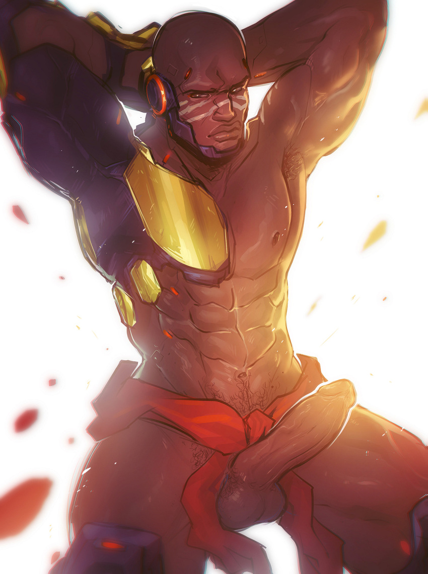 abs areola armpit_hair armpits bald balls bara biceps blizzard_entertainment brown_eyes cinnabarbie clothing cyborg dark-skinned_male dark_skin doomfist erection hair human looking_at_viewer male male_only manly markings muscles navel nipples nude overwatch pecs penis pose pubes raised_arm solo squint standing thick_penis thick_thighs tribal_markings triceps vein veiny_penis video_games yaoi