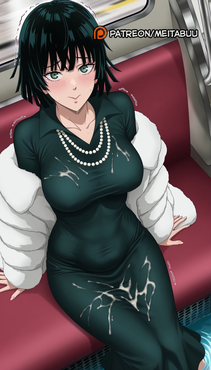 ai_generated black_hair blush breasts closed_mouth coat collarbone covered_navel cum cum_on_body cum_on_clothes cum_on_dress dress facial female fubuki_(one-punch_man) fur_coat green_dress green_eyes jacket jewelry large_breasts long_sleeves looking_at_viewer meitabuu necklace one-punch_man pearl_necklace short_hair sitting soaking_feet solo taut_clothes taut_dress tight_clothes tight_dress train_interior trembling white_jacket