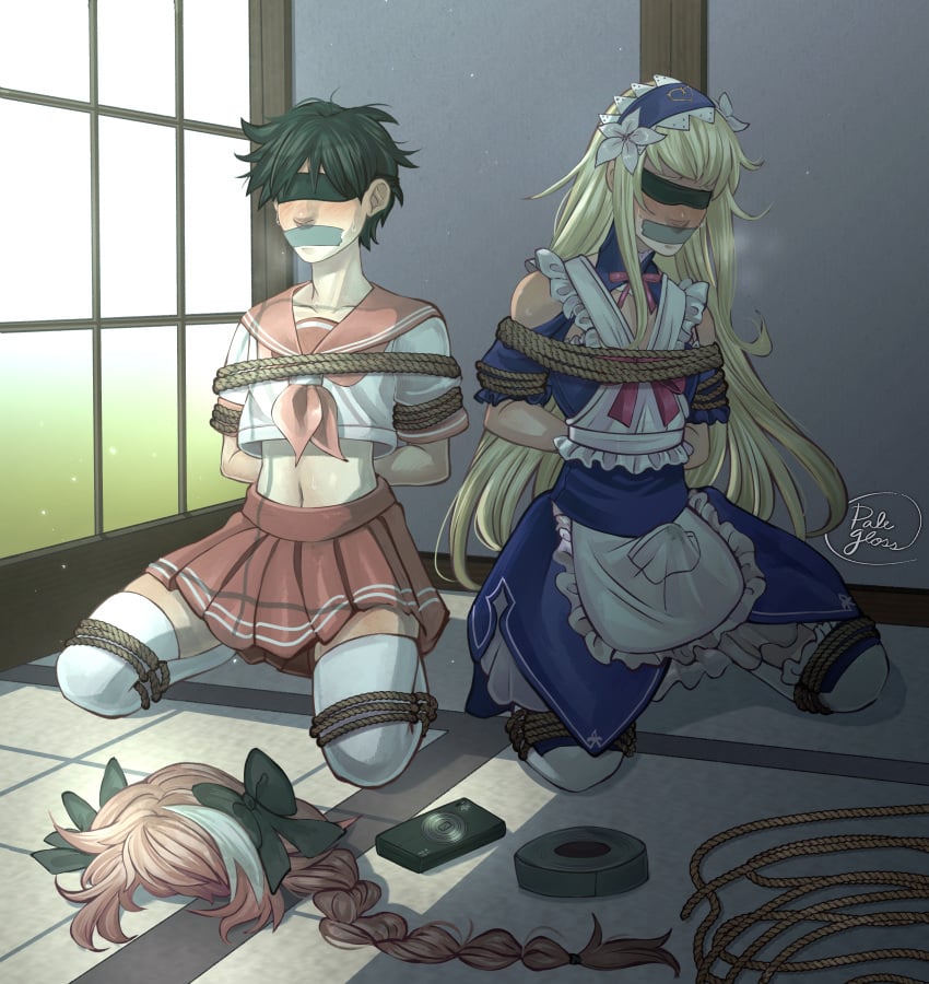 2boys arms_tied arms_tied_behind_back artist_logo astolfo_(fate) astolfo_(fate)_(cosplay) astolfo_(sailor_paladin)_(fate) belly_button black_hair blindfold blindfolded blonde_hair blush blushing_male bondage camera chevalier_d&#039;eon_(fate) commission commission_art commissioner_upload cosplay crossdressing duct_tape duo embarrassed erection erection_under_clothes fate/grand_order fate_(series) femboy flower_hair_ornament flower_in_hair gagged hair_ribbon japanese_room kidnapped kidnapping kneeling light-skinned_male lily_(flower) long_hair maid_headdress maid_uniform male male_only navel palegloss pink_hair rope rope_bondage sailor_uniform short_hair skirt steam steamy_breath sweat sweatdrop sweating tape tape_gag taped_mouth thigh_highs thighhighs thighs white_hair wig