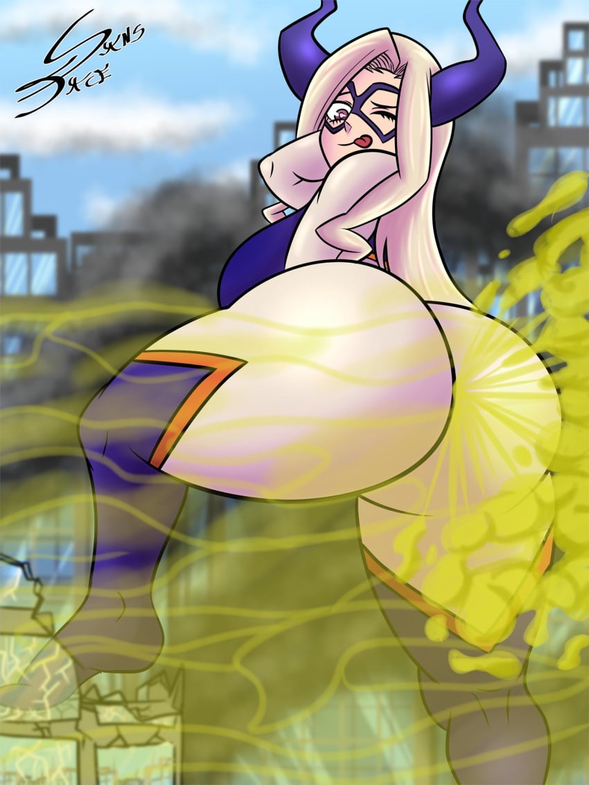 1girls ass big_ass blonde_hair bodysuit boku_no_hero_academia bubble_butt building city clothing destroyed_city destruction fart fart_cloud fart_everywhere fart_fetish farting farting_at_viewer fat_ass female female_only giantess hero_outfit_(mha) horns huge_ass large_ass legs_apart looking_back macro mask mount_lady my_hero_academia png sansface seductive seductive_pose solo thick_ass thick_thighs tongue tongue_out wide_hips yuu_takeyama