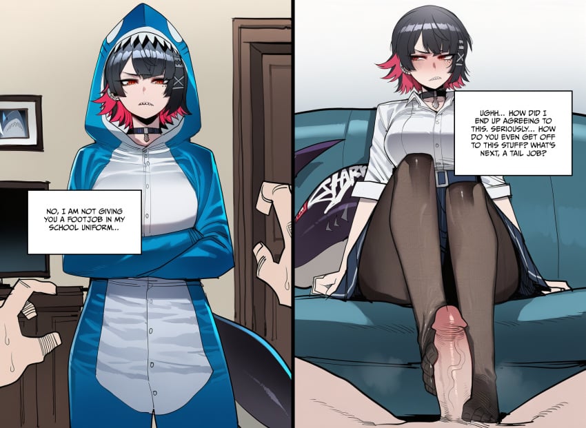 1boy ai_generated black_hair catsrvng choker couch ellen_joe english_text female footjob from_below indoors leggings male pajamas penis pov red_eyes red_hair school_uniform shark_girl shark_tail shirt skirt text text_box zenless_zone_zero