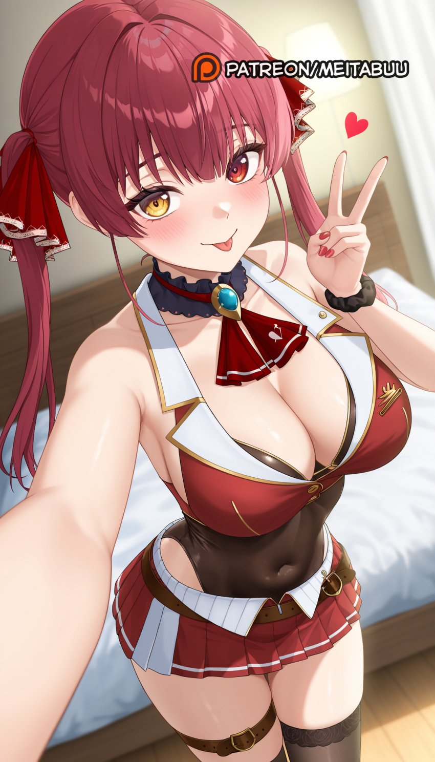 :p ai_generated ascot bare_shoulders bed bedroom belt black_choker black_scrunchie black_thighhighs blush breasts brooch brown_belt brown_thighhighs buckle choker cleavage closed_mouth covered_navel cropped_jacket female frilled_choker hair_ribbon hand_up heart heterochromia hololive hololive_fantasy hololive_japan houshou_marine houshou_marine_(1st_costume) indoors jacket jewelry lamp large_breasts leotard leotard_under_clothes long_hair looking_at_viewer meitabuu miniskirt nail_polish no_eyepatch pleated_skirt red_ascot red_eyes red_hair red_jacket red_nails red_ribbon red_skirt ribbon scrunchie see-through_leotard selfie skirt sleeveless sleeveless_jacket smile solo thigh_strap thighhighs thighs tongue tongue_out twintails v virtual_youtuber wooden_floor wrist_scrunchie yellow_eyes