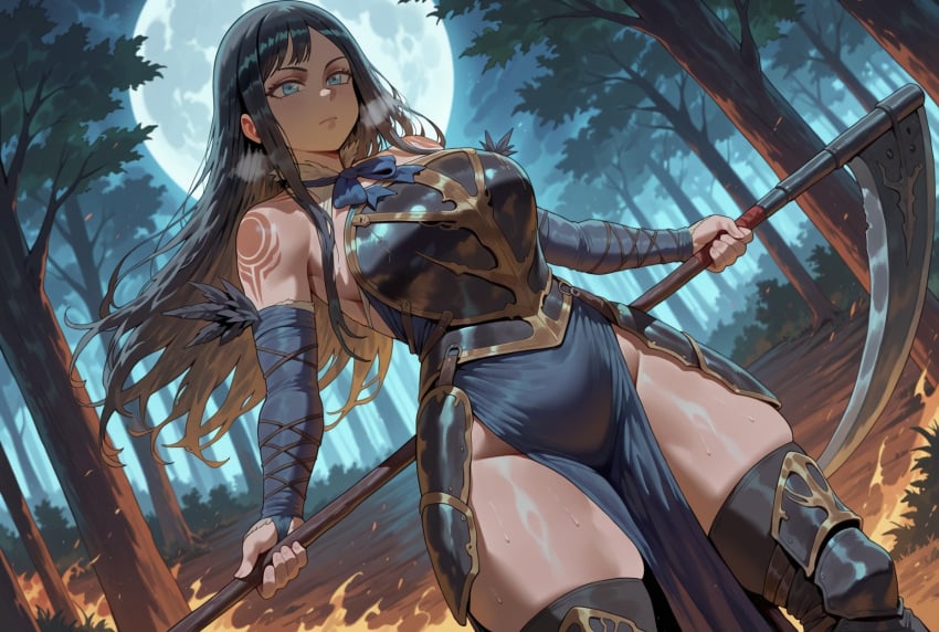 1girls ai_generated armored_boots black_hair blue_eyes bowtie breastplate castlevania castlevania:_order_of_ecclesia civitai dug-lith-pls feathers female female_focus female_only forest forest_background loincloth long_hair medium_breasts scythe shanoa solo solo_female solo_focus tagme tattooed_arm tattooed_back tattooed_female thick_thighs