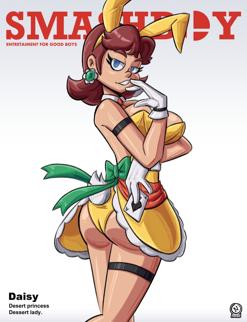 ace_of_spades artist_logo ass back_view big_breasts blue_eyes brown_hair bunny_ears bunny_girl busty earrings light-skinned_female light_skin magazine_cover mario_(series) nanus2 nintendo playboy_bunny playboy_magazine_cover playing_card princess_daisy