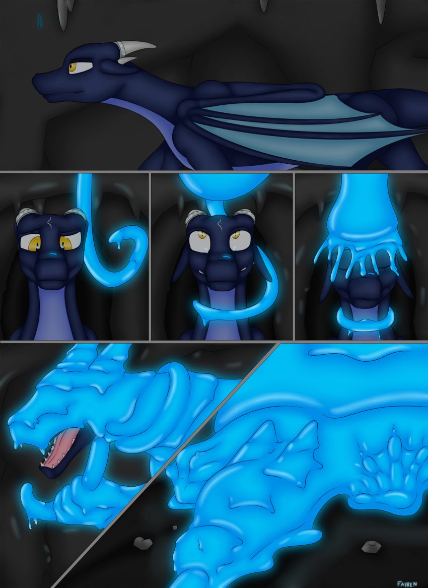 cave clenched_teeth dr.chips dragon dripping fayren fayren_(dr.chips) feral glowing goo male open_mouth ring scalie sticky stuck surprise symbiote teeth