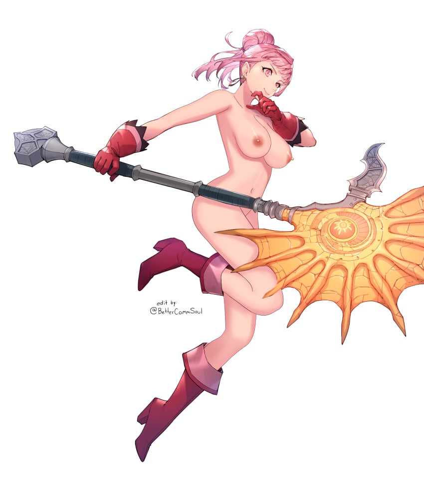 1girls areolae axe bettercommsoul boots breasts earrings edit edited_official_artwork female female_only fire_emblem fire_emblem:_three_houses fire_emblem_heroes fire_emblem_warriors:_three_hopes gloves hilda_valentine_goneril hilda_valentine_goneril_(helping_hand) large_breasts nipples nude_female nude_filter pink_eyes pink_hair ponytail practically_nude red_boots red_gloves solo solo_female