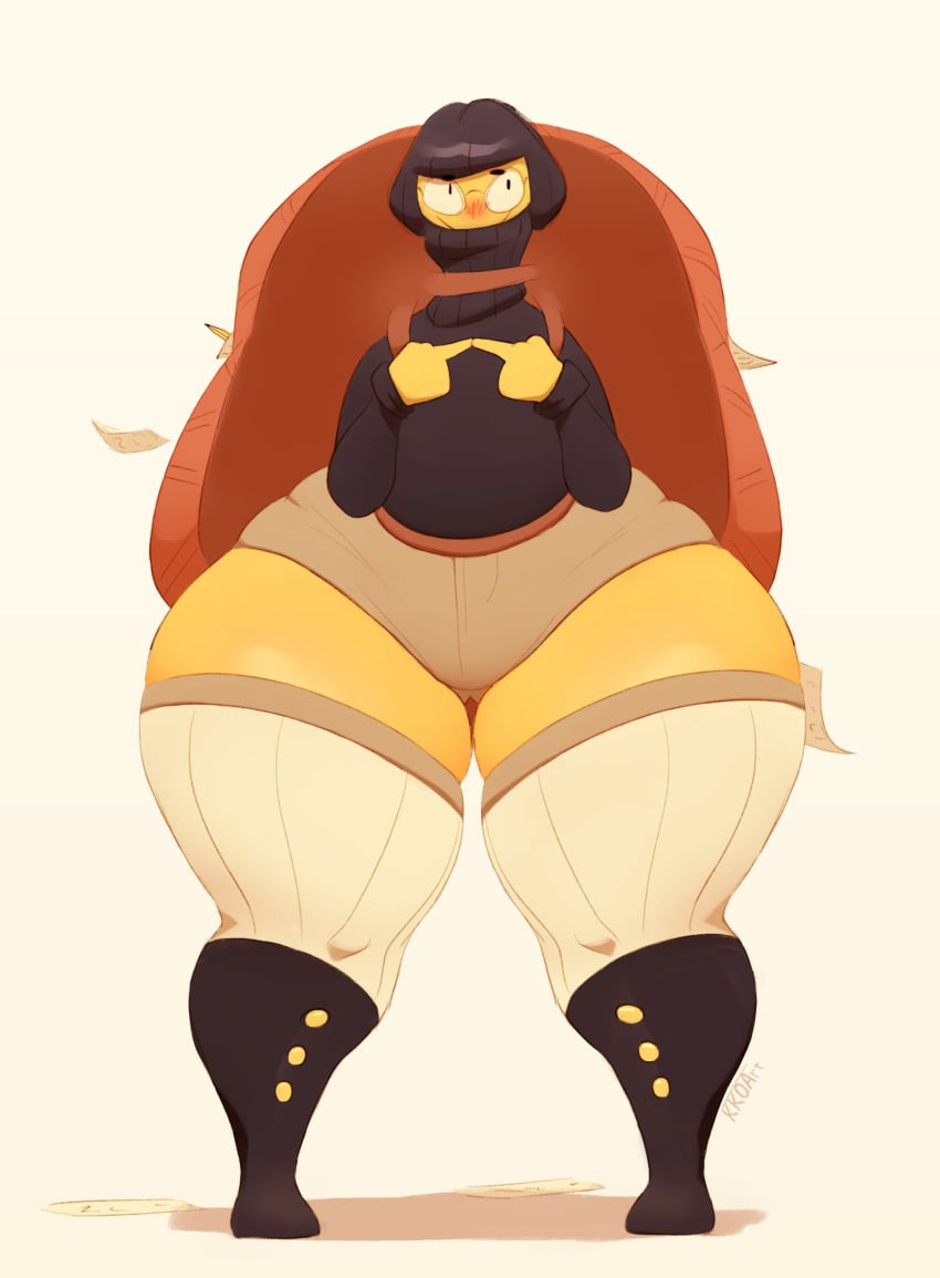 ambiguous_gender anthro black_hair blush bottomwear clothing eyewear footwear glasses hair hi_res huge_hips huge_thighs hyper hyper_hips hyper_thighs kkoart legwear paper pencil_(object) reptile scalie shorts solo sweater thick_thighs thigh_highs topwear turtle turtleneck wide_hips writing_utensil