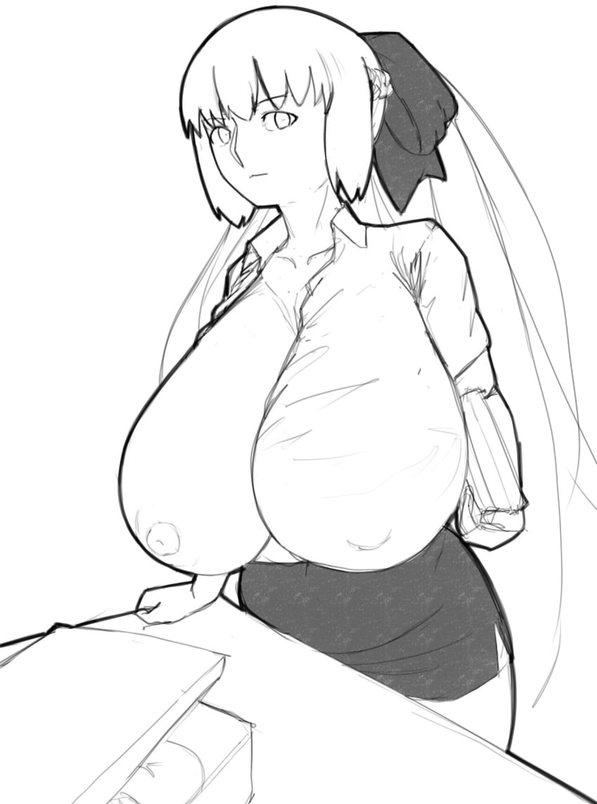 1girls areolae breasts breasts_bigger_than_head collar erect_nipples_under_clothes fate/grand_order fate_(series) female female_only gigantic_breasts hair_ribbon huge_breasts long_hair looking_at_viewer massgrave massive_breasts monochrome morgan_le_fay_(fate) neutral_expression nipple_bulge nipples nipples_visible_through_clothing no_bra office_lady one_breast_out open_shirt ponytail skirt solo tied_hair very_long_hair