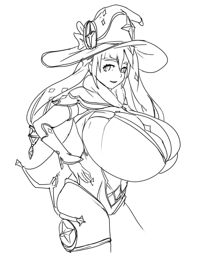 1girls breasts breasts_bigger_than_head busty cleavage elbow_gloves female female_only genshin_impact gigantic_breasts hand_on_hip huge_breasts leotard long_hair looking_at_viewer massgrave massive_breasts mona_(genshin_impact) monochrome open_mouth overflowing_breasts simple_background smile solo tied_hair top_heavy twintails white_background witch_hat